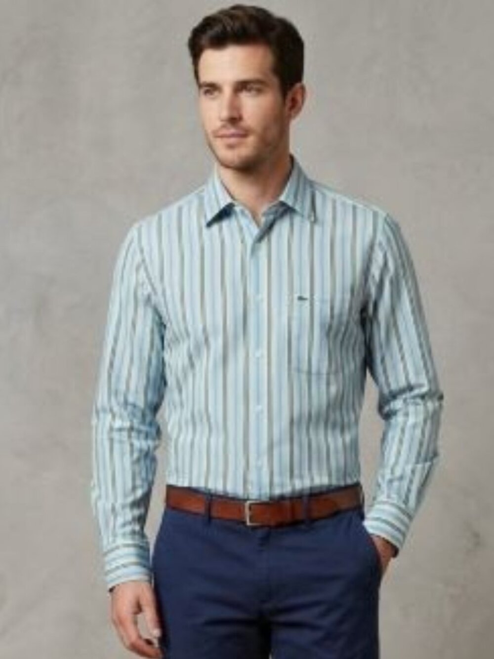 Lacoste Men's Size 44 Light Blue Striped Dress Shirt Long Sleeve Alligator Logo